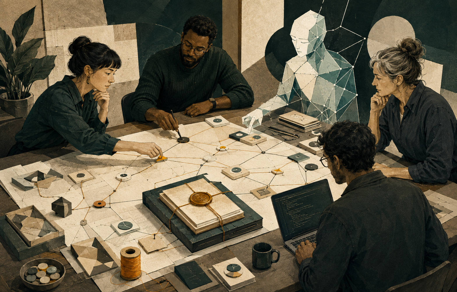 Product, delivery, and engineering professionals collaborating with an abstract AI assistant around one shared delivery map and evidence ledger.